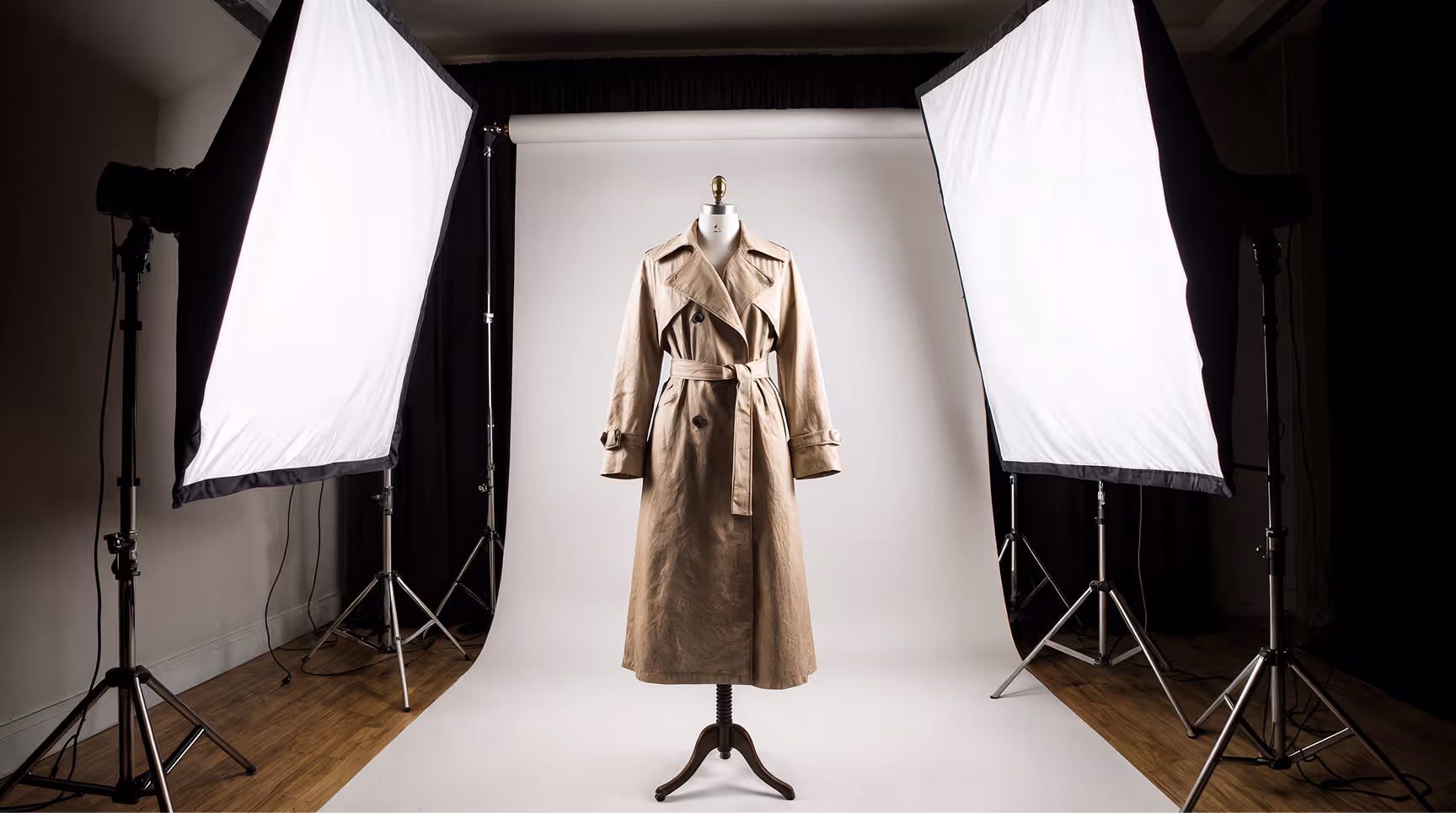 Vintage-inspired cotton trench coat on mannequin during professional studio photoshoot — belted sustainable fashion piece