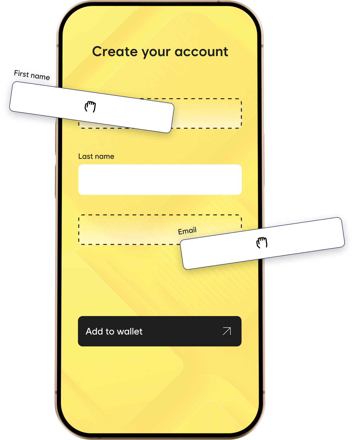 Formulaire de création de compte sur mobile avec ajout direct dans Apple Wallet et Google Wallet via The Wallet Crew, solution de fidélité digitale et wallet mobile.