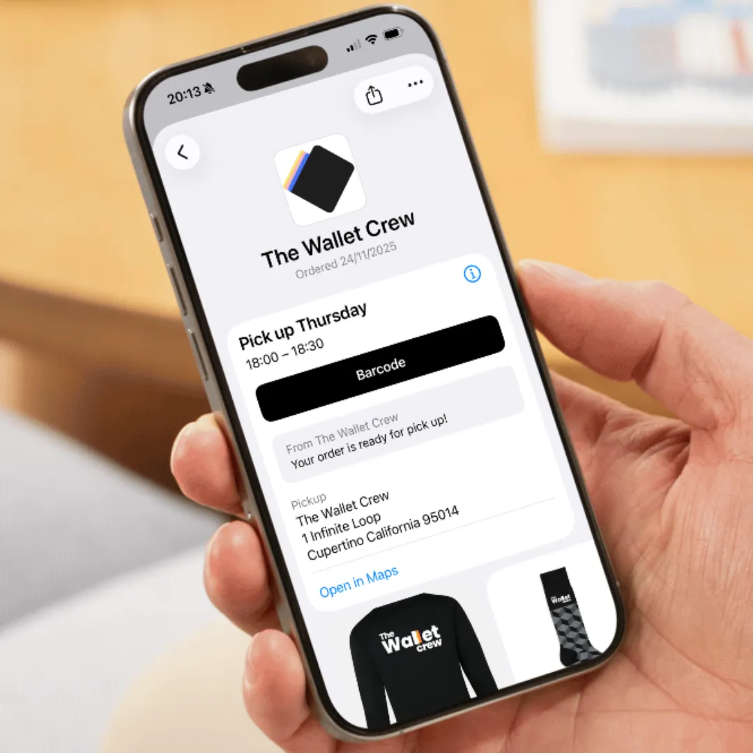 Suivi de commande dans Apple Wallet affichant un statut prêt pour le retrait