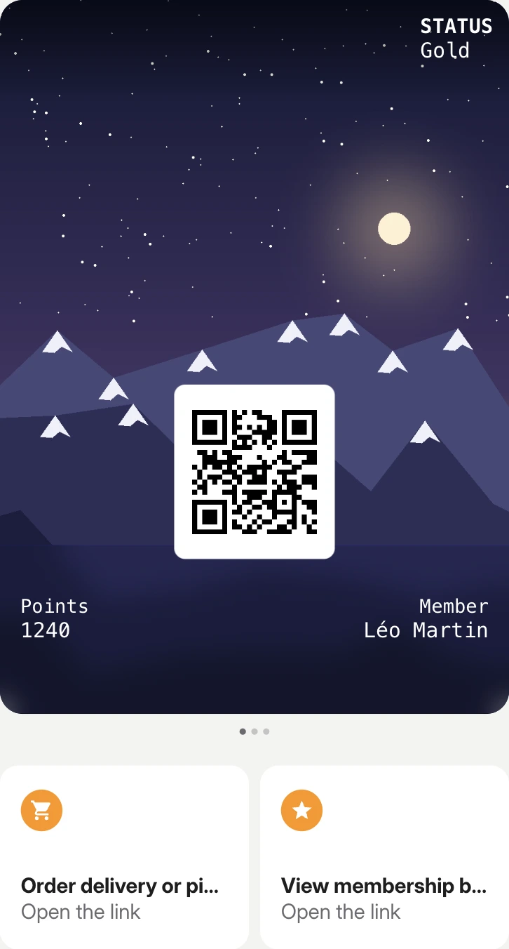 Apple Wallet loyalty card in iOS 27 poster format with QR code, points and member name