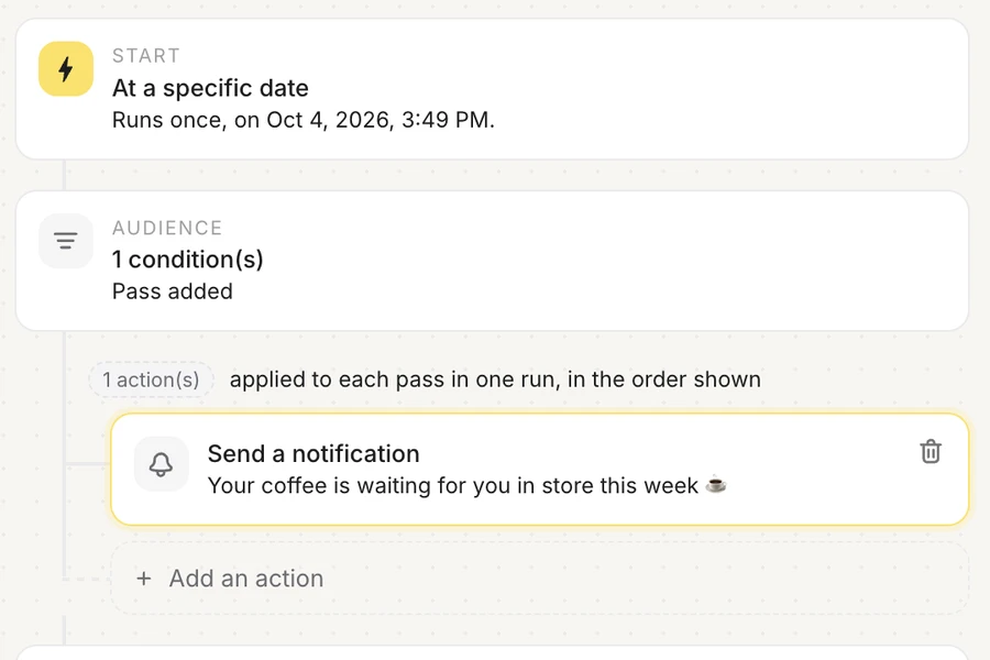 Automation builder in the back office with a scheduled wallet notification