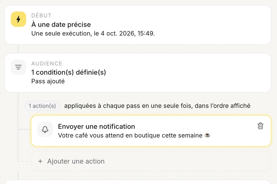 Builder d'automations du BackOffice avec une notification wallet programmée