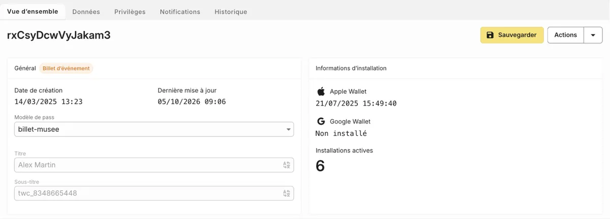 Fiche d'un pass dans le back-office The Wallet Crew