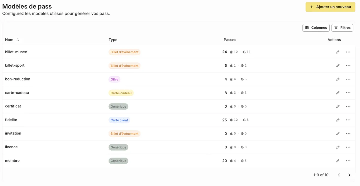 Liste des modèles de pass Wallet dans le back-office The Wallet Crew