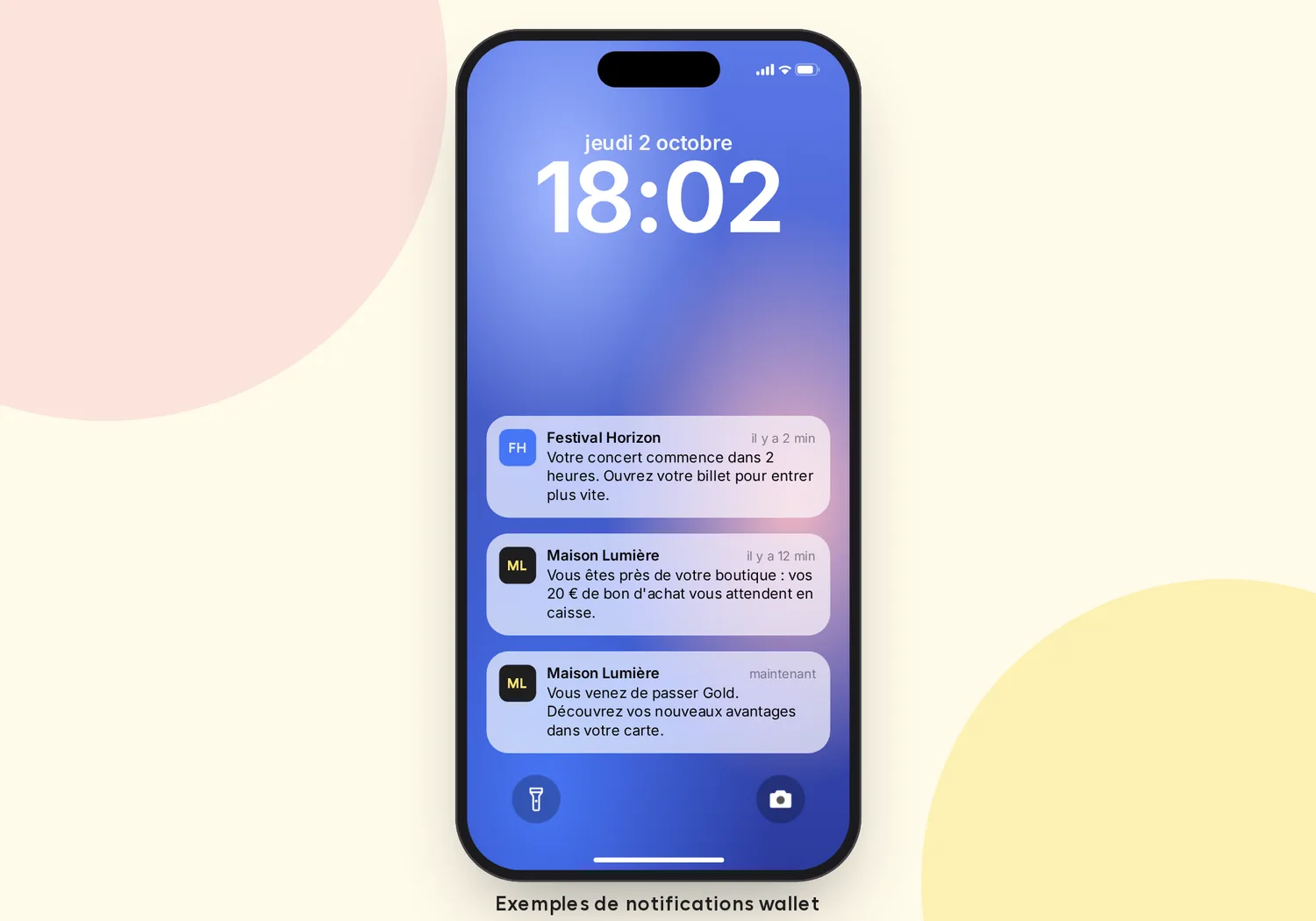 Exemples de notifications wallet sur l'écran de verrouillage : rappel de billet, proximité boutique, nouveaux avantages