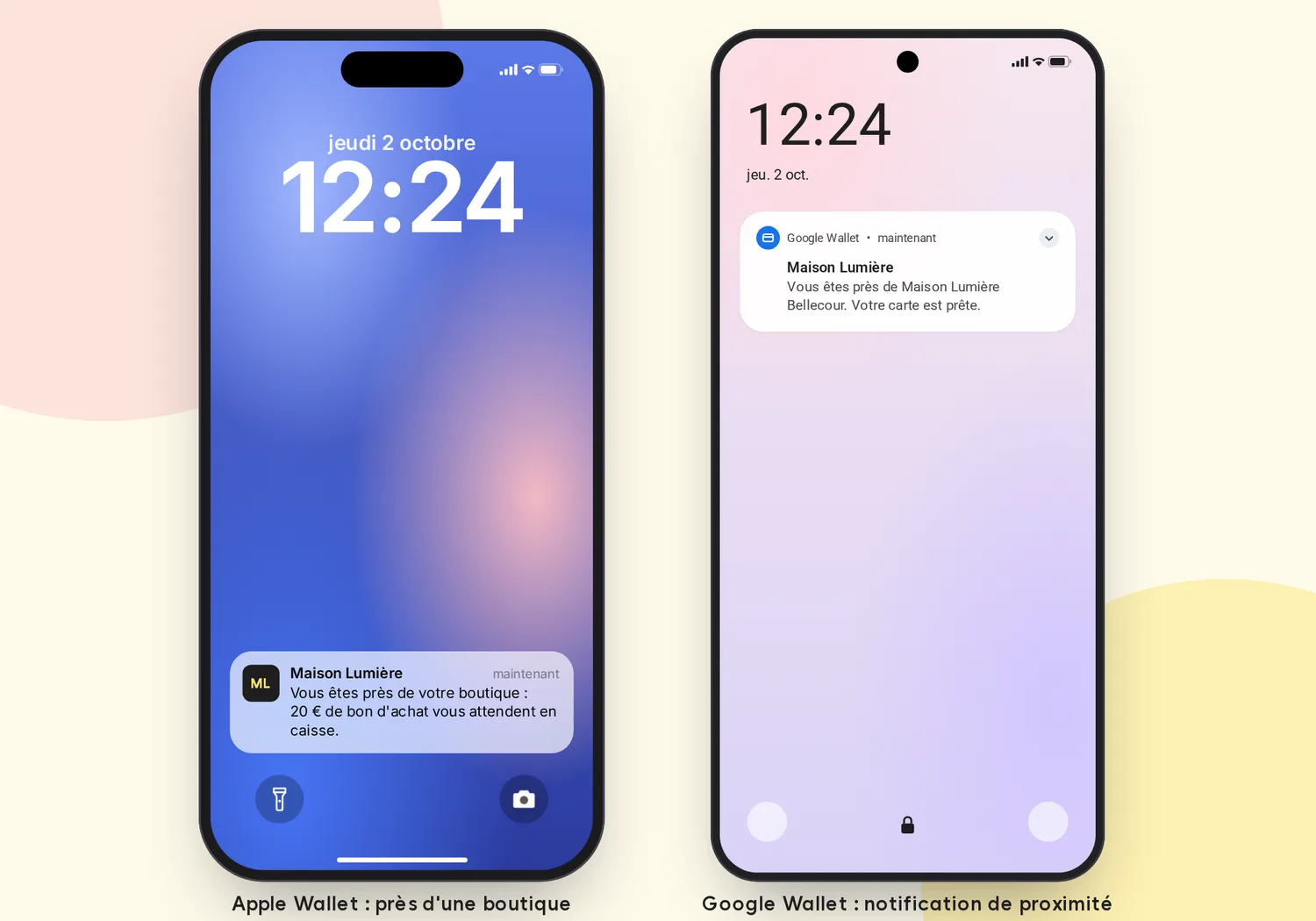 Notification de proximité sur Apple Wallet et Google Wallet près d'une boutique
