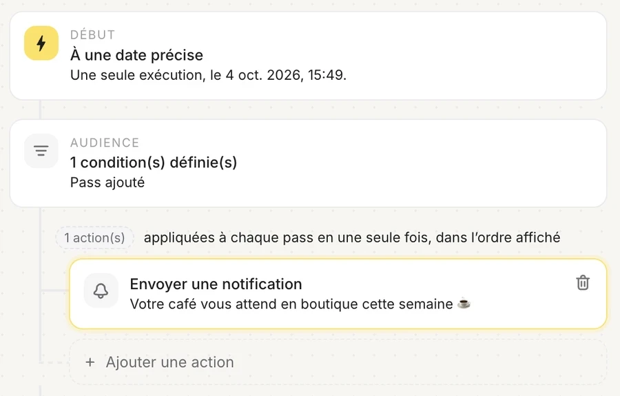 Builder d'automations du back-office avec une notification wallet programmée