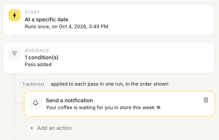 Automation builder in the back office with a scheduled wallet notification