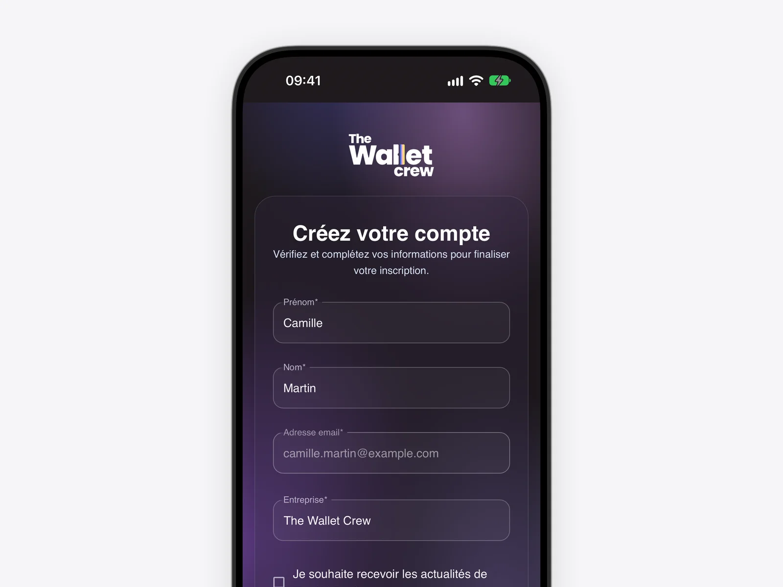 Formulaire d'inscription The Wallet Crew sur iPhone pour créer sa carte Wallet
