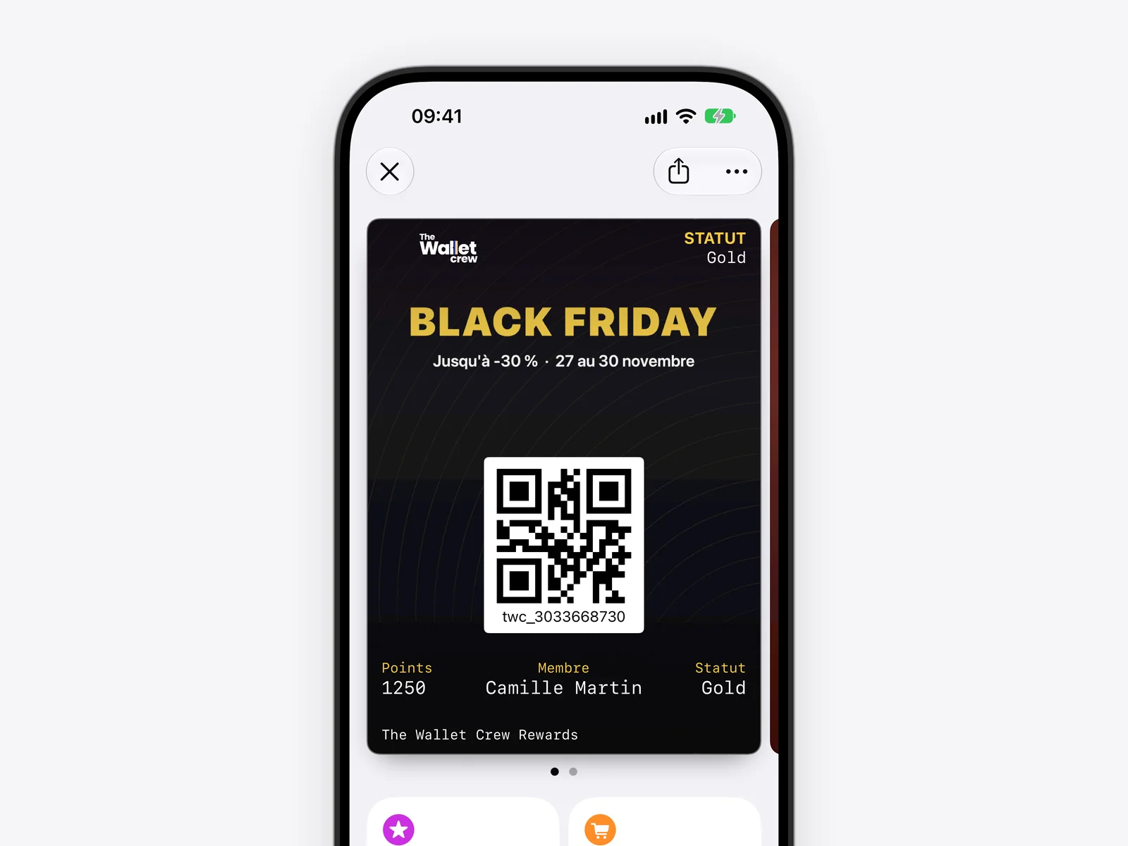 Carte de fidélité habillée d'un thème Black Friday dans Apple Wallet sur iPhone