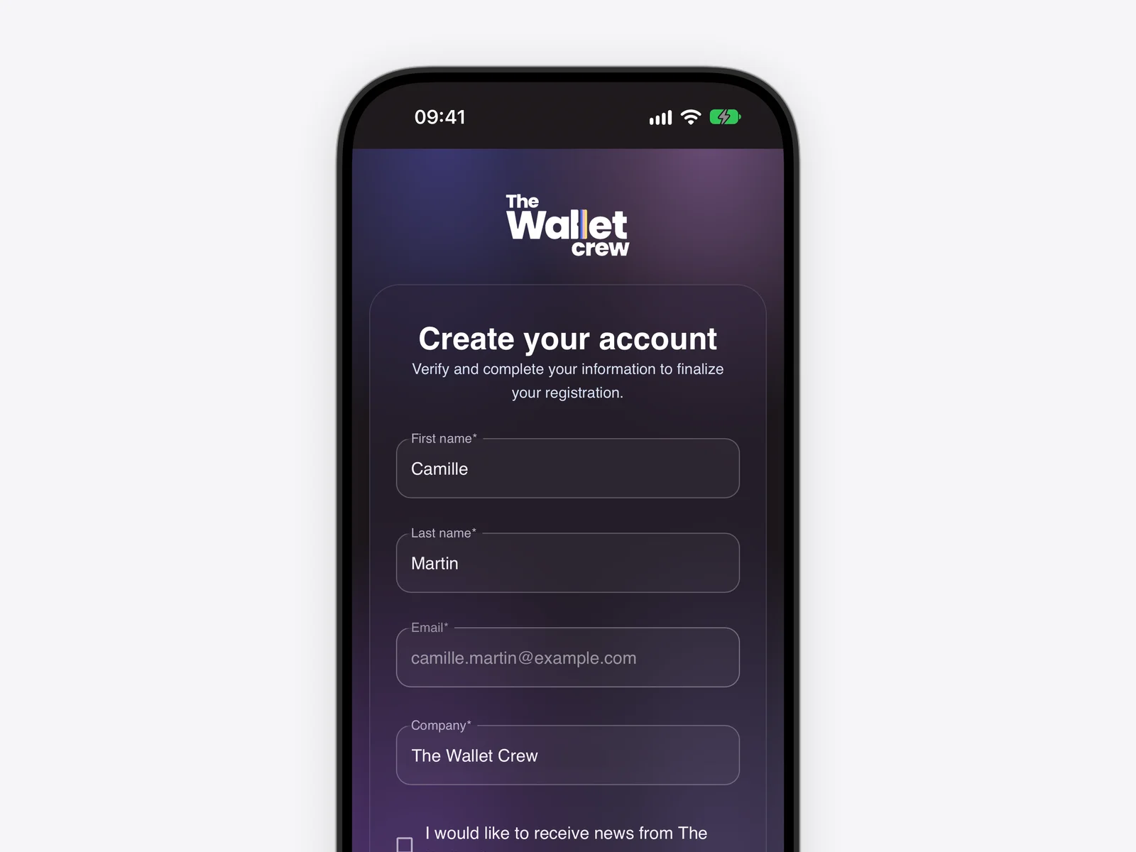 The Wallet Crew sign-up form on iPhone to create a Wallet card