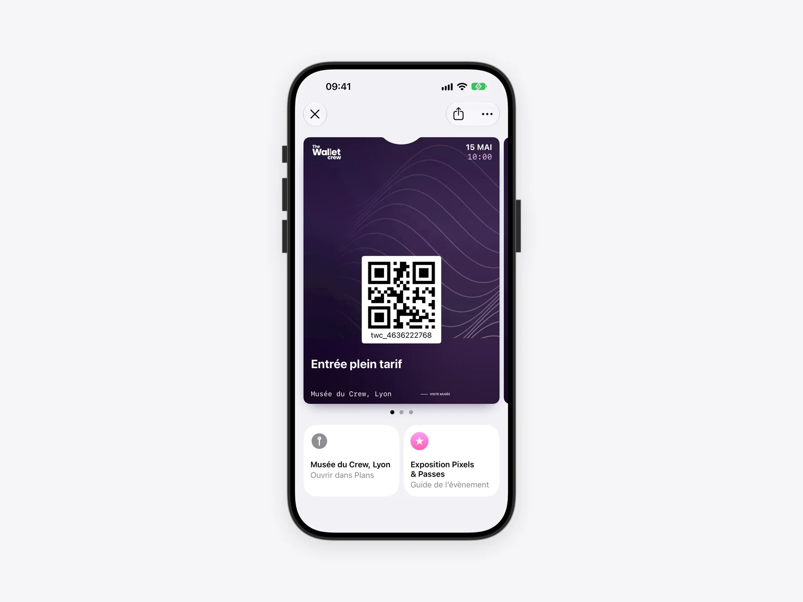 Billet de musée dans Apple Wallet avec les raccourcis Plans et Guide de l'événement