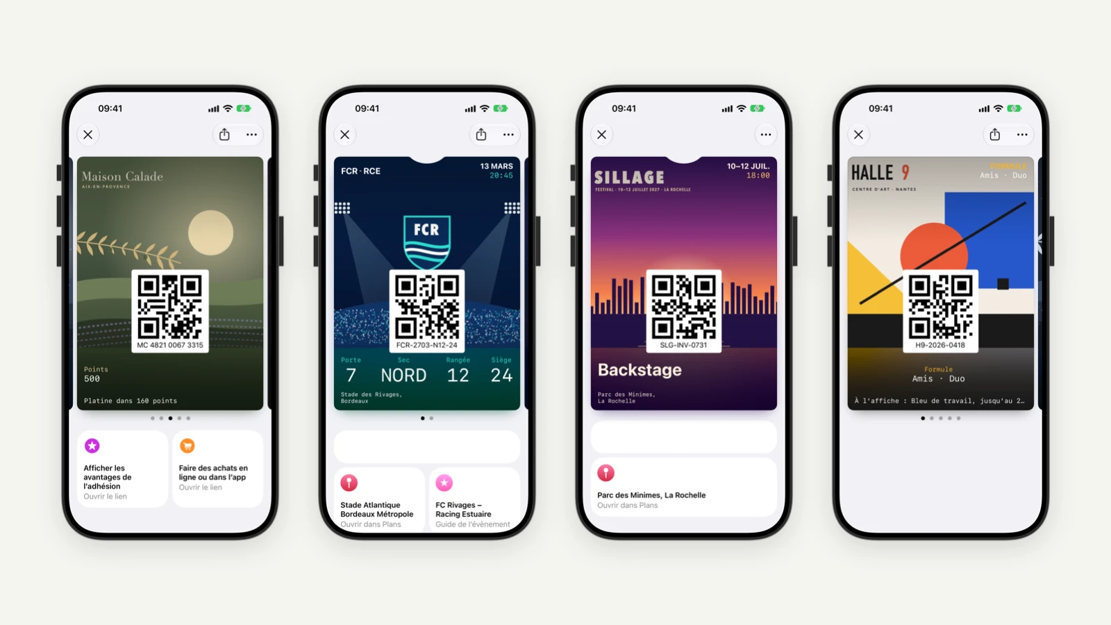 Quatre cartes Wallet aux couleurs de marques différentes affichées sur iPhone