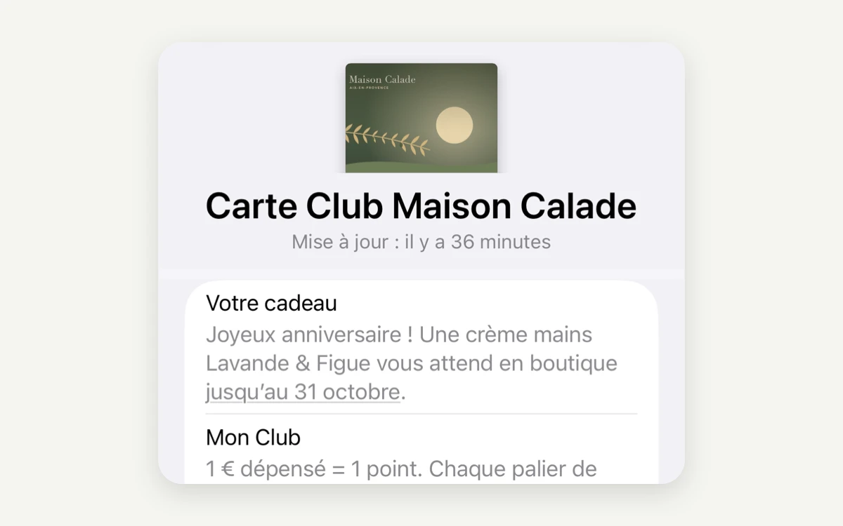 Avantage actif au dos d'une carte de fidélité dans Apple Wallet
