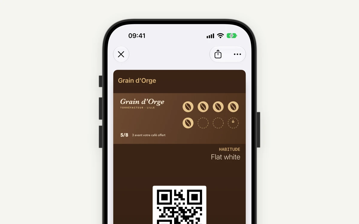 Carte de fidélité à tampons Grain d'Orge mise à jour en temps réel dans Apple Wallet : 5 cafés sur 8 avant le café offert