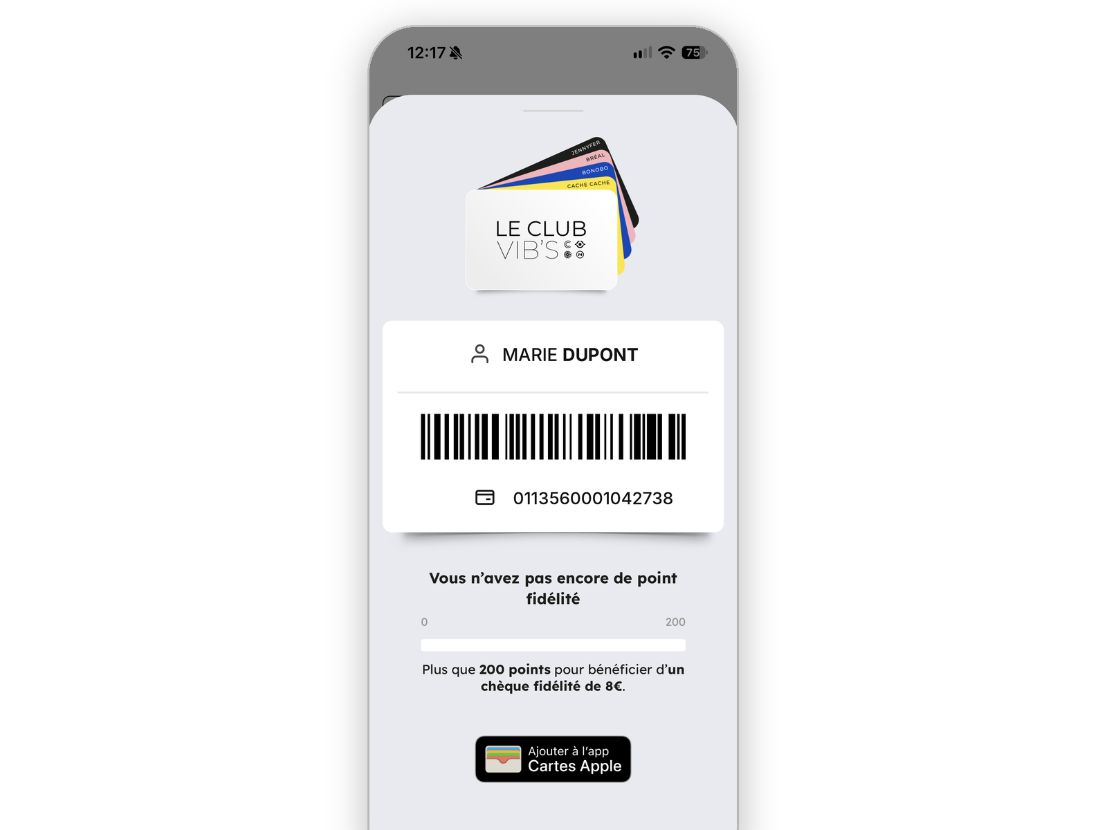 Carte de fidélité Le Club Vib's dans l'application mobile avec le bouton Ajouter à Apple Wallet