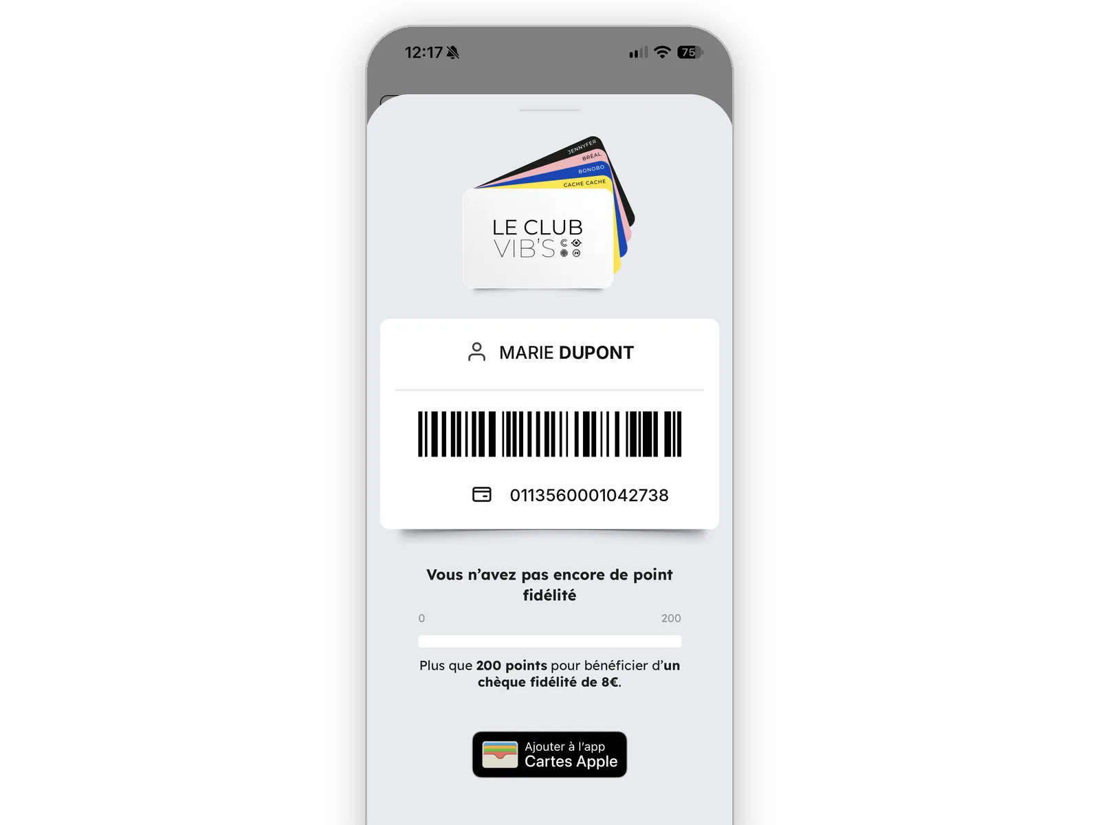 Carte de fidélité Le Club Vib's dans l'application mobile avec le bouton Ajouter à Apple Wallet