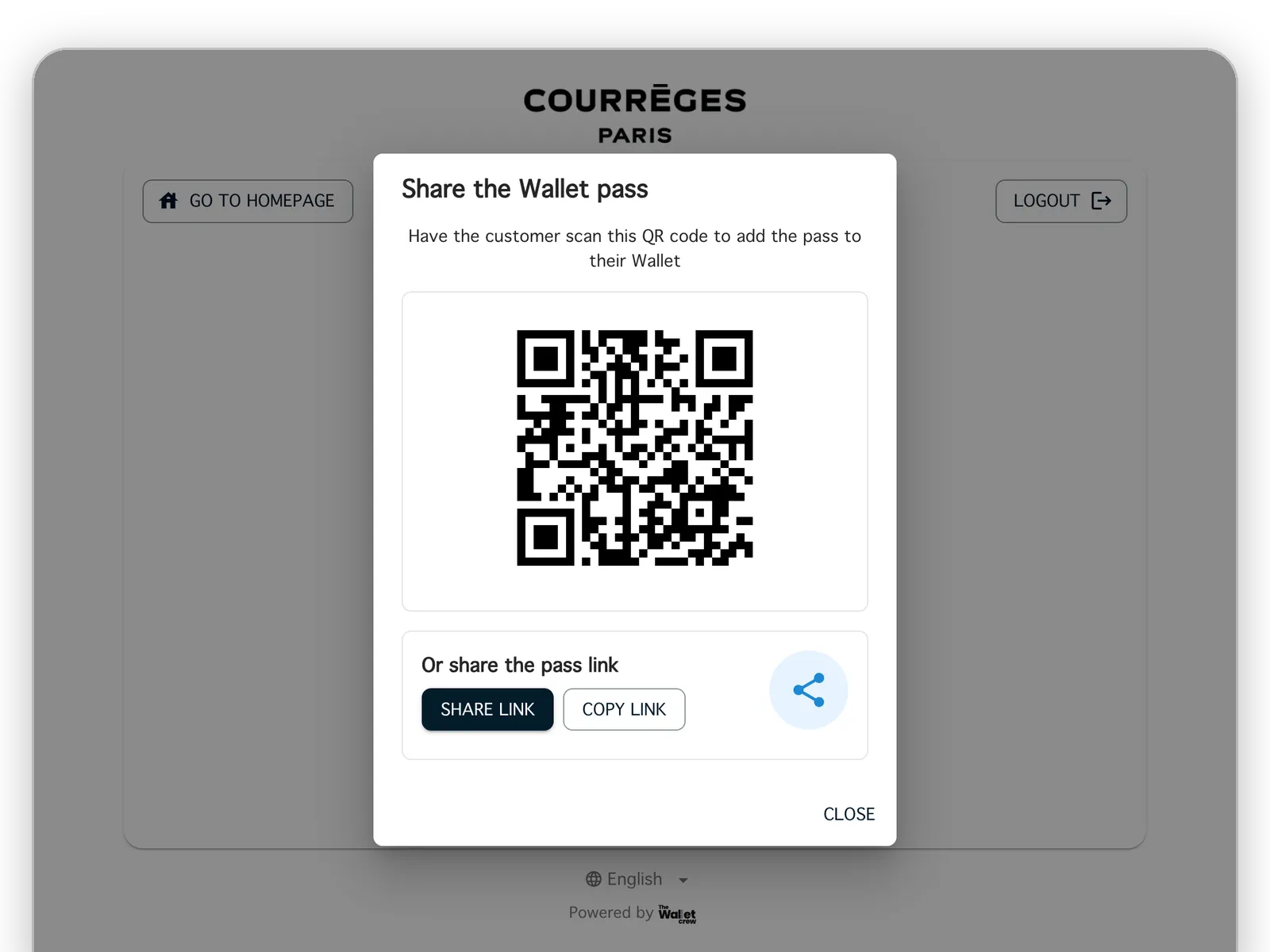 Tablette vendeur Courrèges affichant le QR code à scanner pour ajouter la carte au Wallet en boutique
