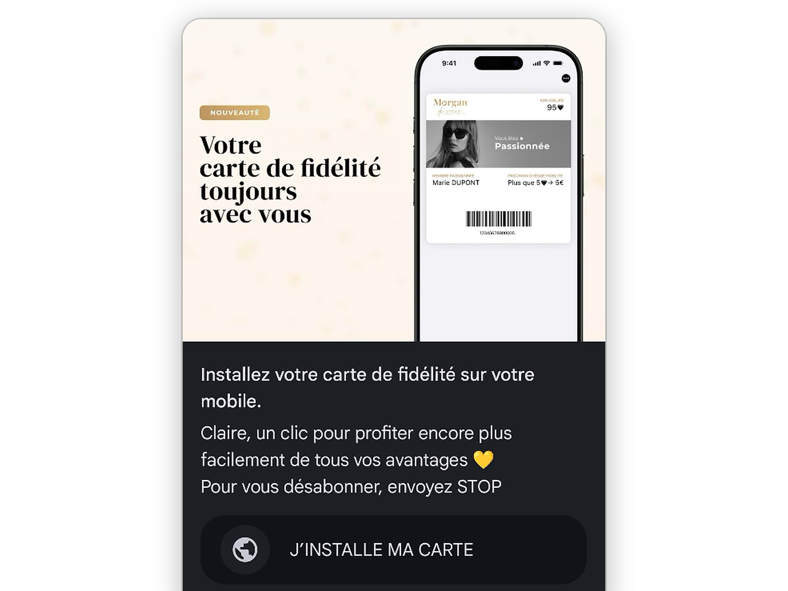 Message RCS Morgan invitant la cliente à installer sa carte de fidélité sur son mobile en un clic