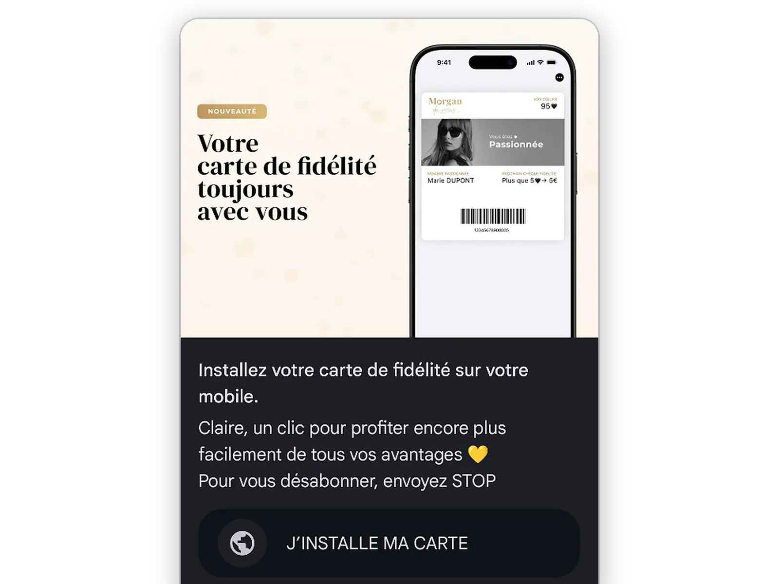 Message RCS Morgan invitant la cliente à installer sa carte de fidélité sur son mobile en un clic