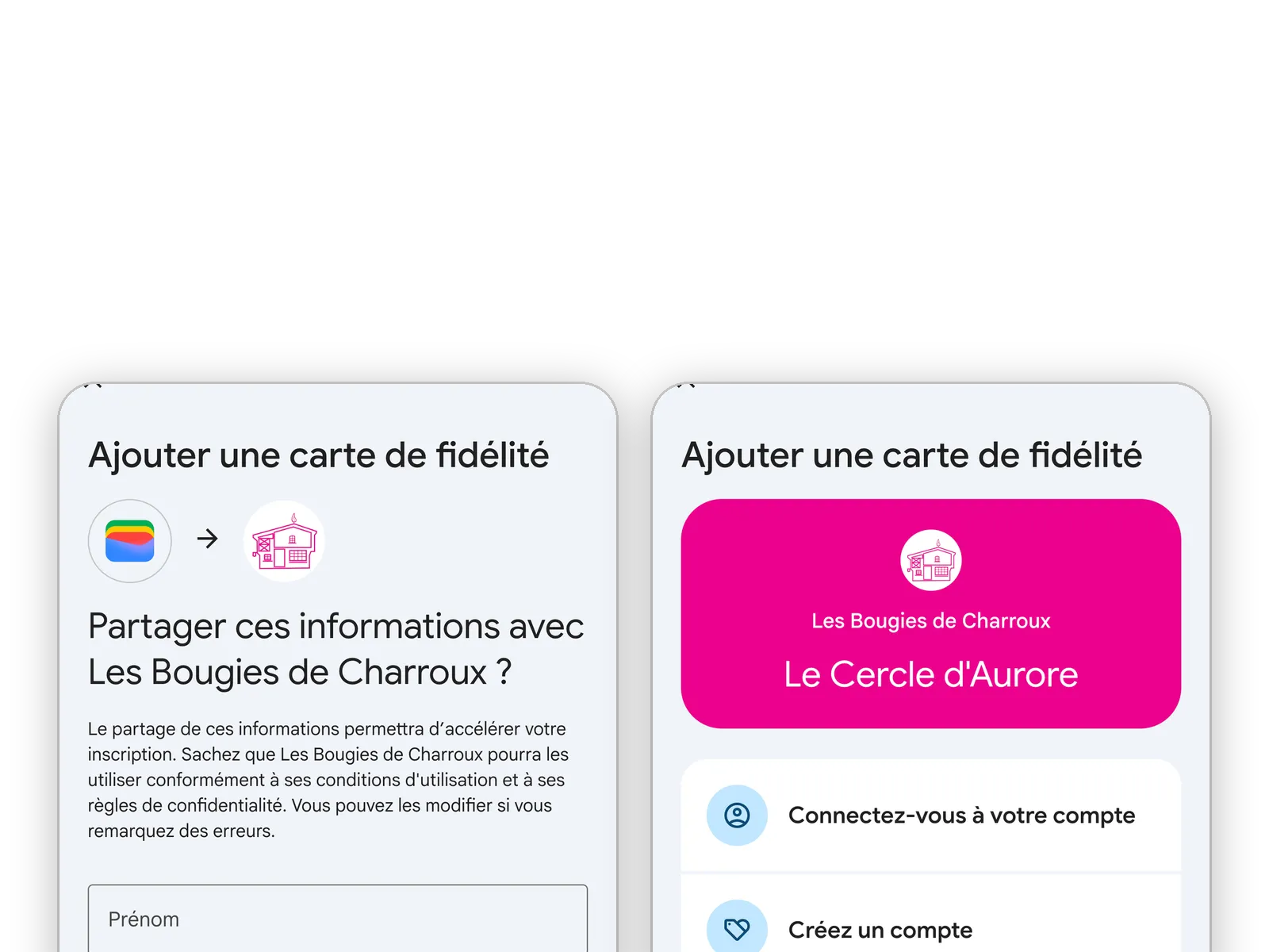 Inscription au programme de fidélité Les Bougies de Charroux directement depuis l'app Google Wallet