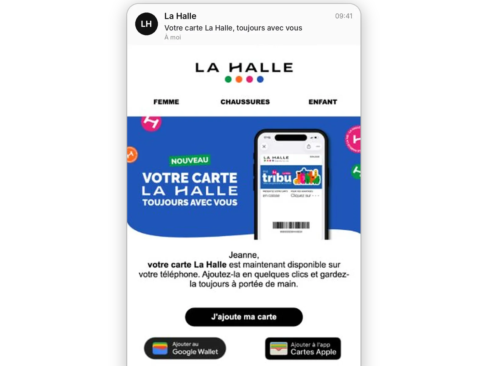 Email La Halle invitant la cliente à ajouter sa carte de fidélité à Google Wallet ou Apple Wallet