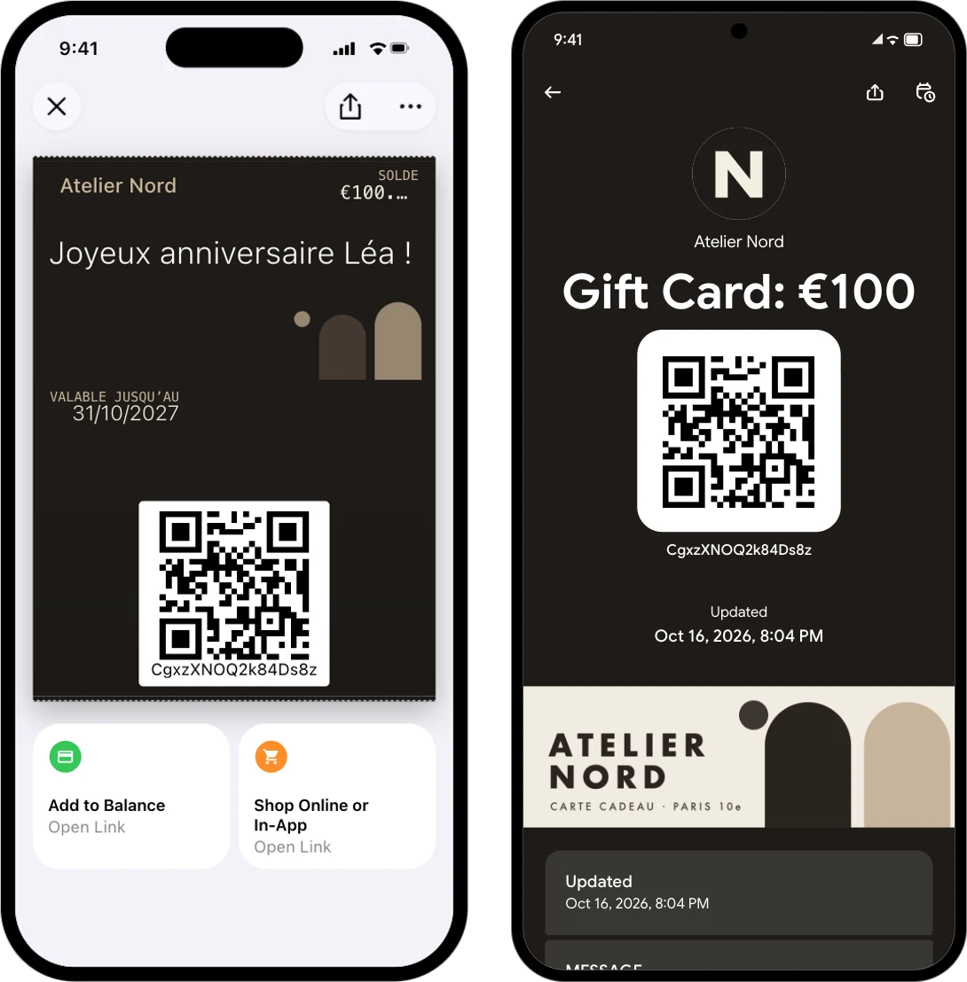 Carte cadeau Atelier Nord dans Apple Wallet et Google Wallet : message personnalisé, solde de 100 € et QR code