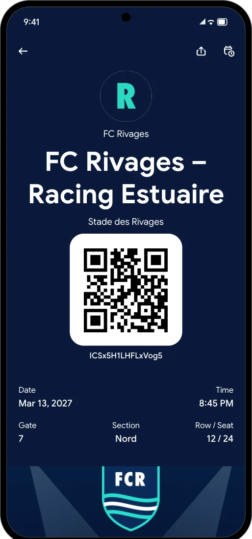 Billet FC Rivages contre Racing Estuaire dans Google Wallet : porte 7, tribune Nord, rang 12, place 24