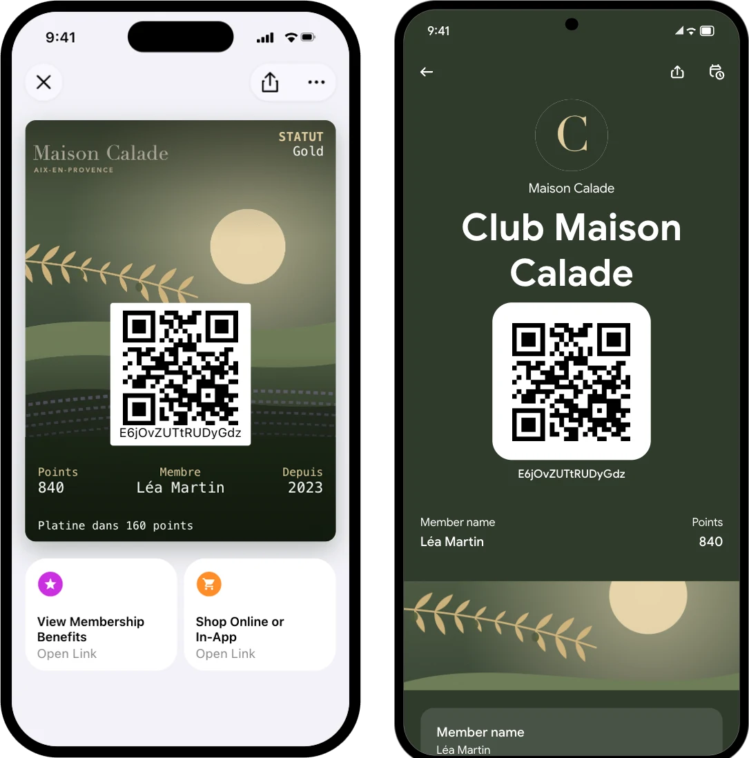 Carte Club Maison Calade dans Google Wallet : 840 points, membre Léa Martin et QR code