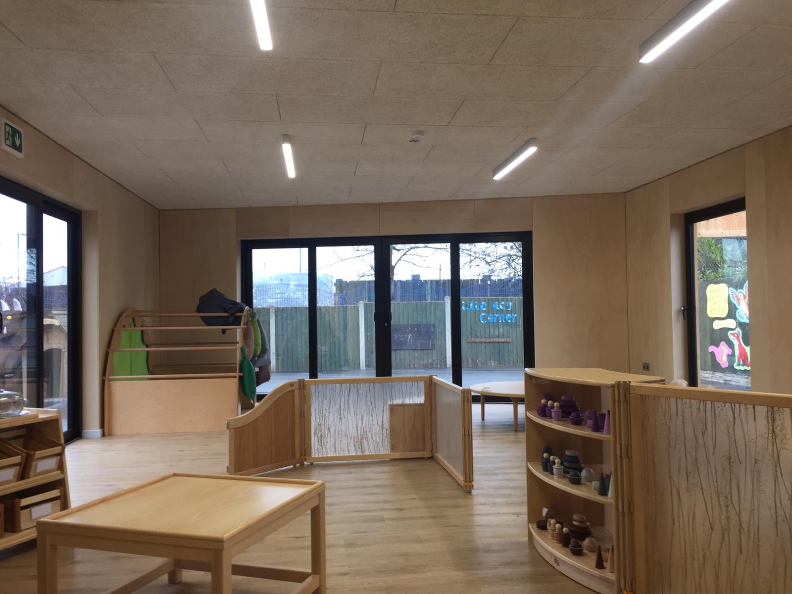 interior of modular classroom with SIPs panels construction