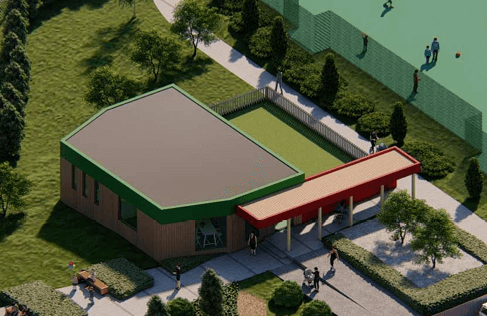 3D visualisation of a modular building with a planted roof and covered walkway