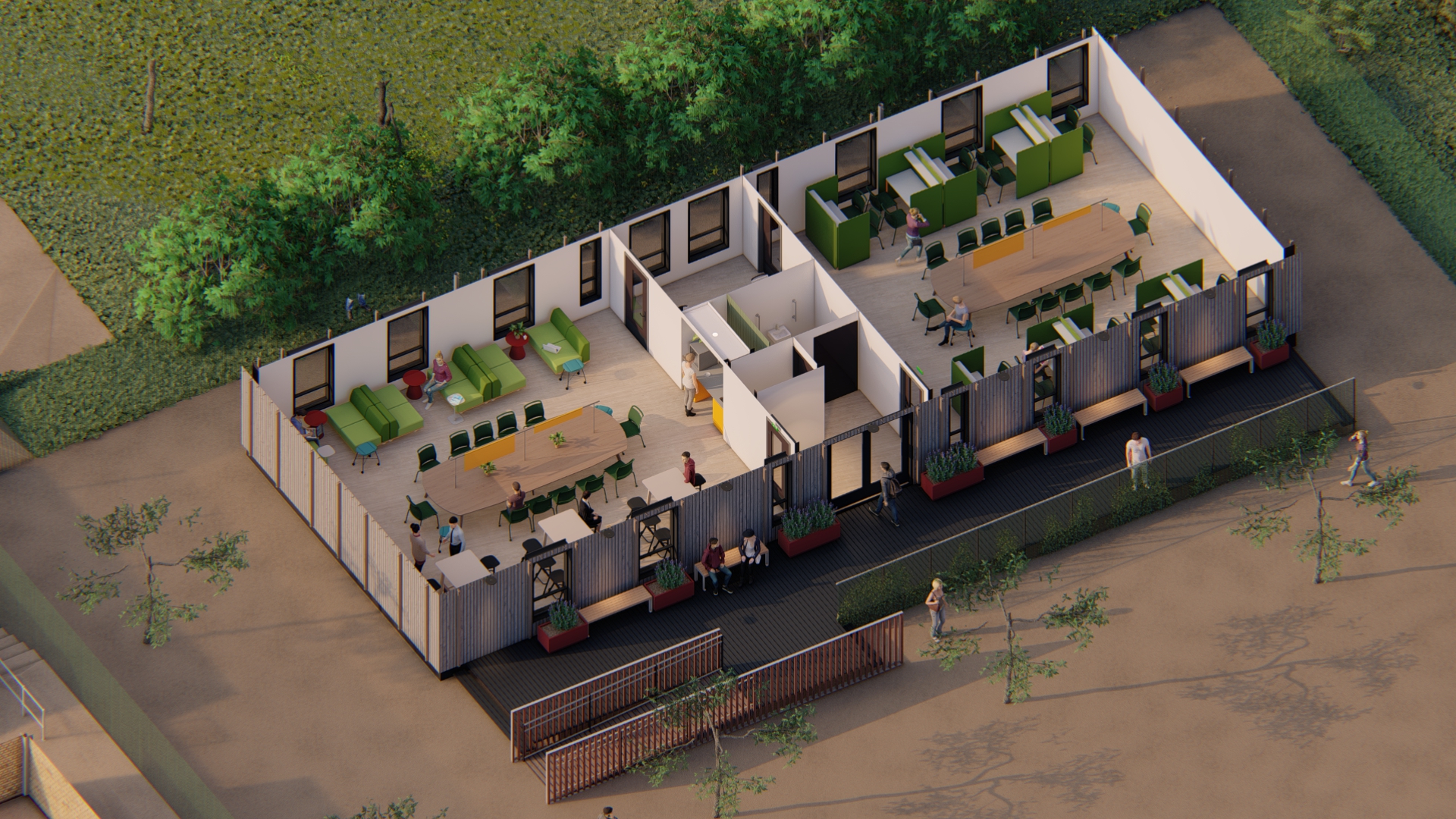 3D cutaway plan of a modular classroom layout with furniture