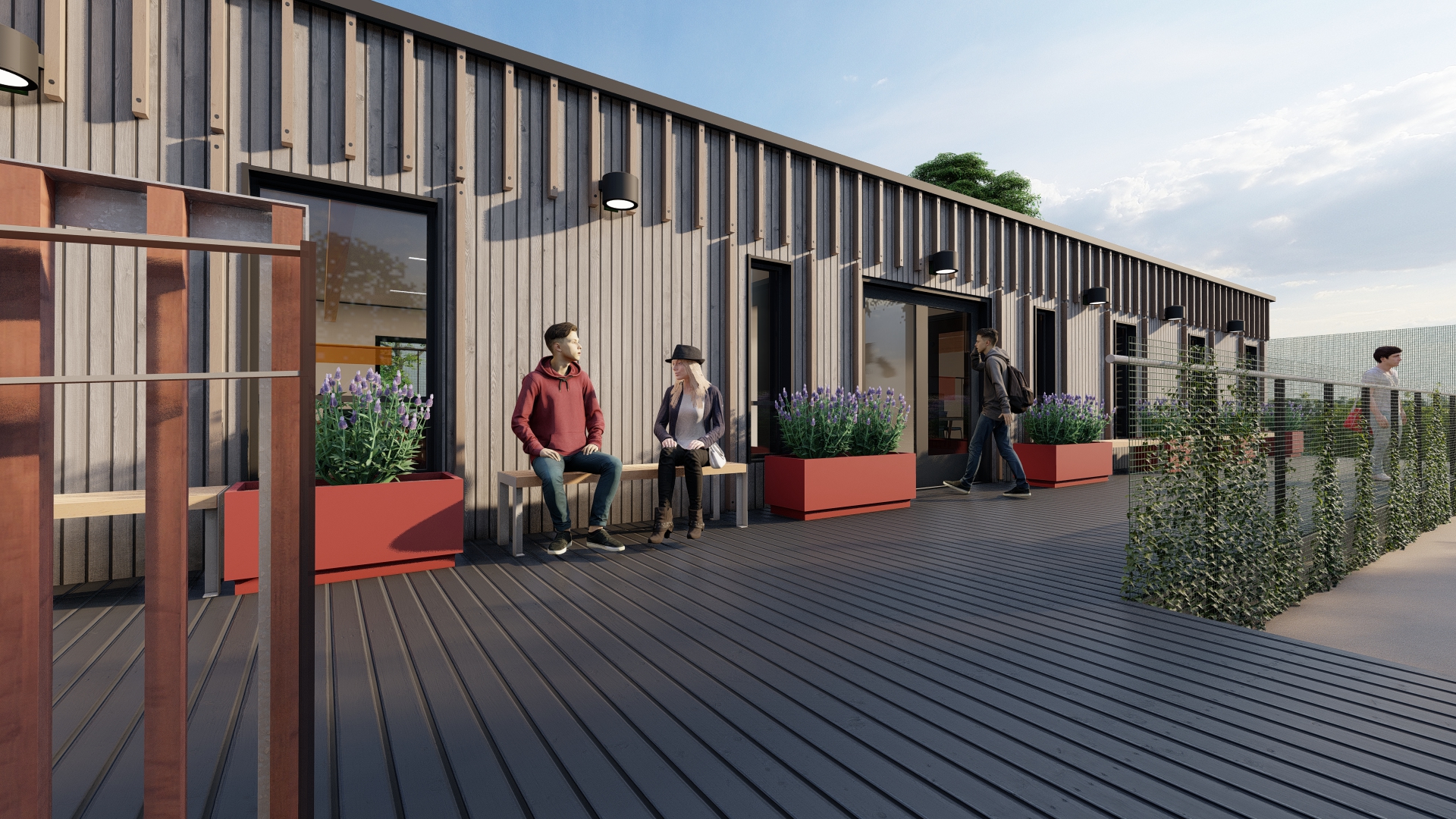 Visualisation of a timber-clad modular building with planters and decking