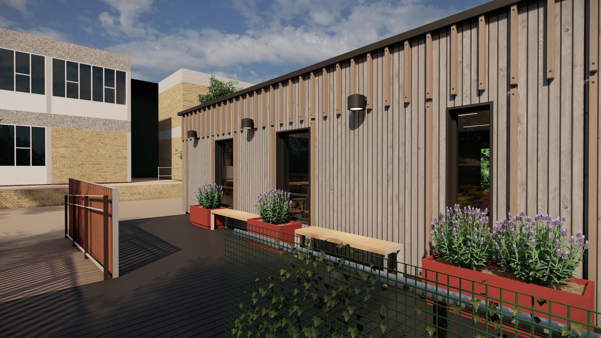 Visualisation of a timber-clad modular classroom with planters and benches beside a school