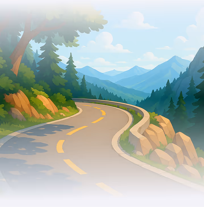 A painting of a winding road in the mountains.