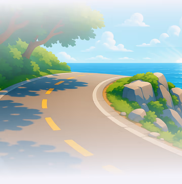 A cartoon scene of a winding road by the ocean.