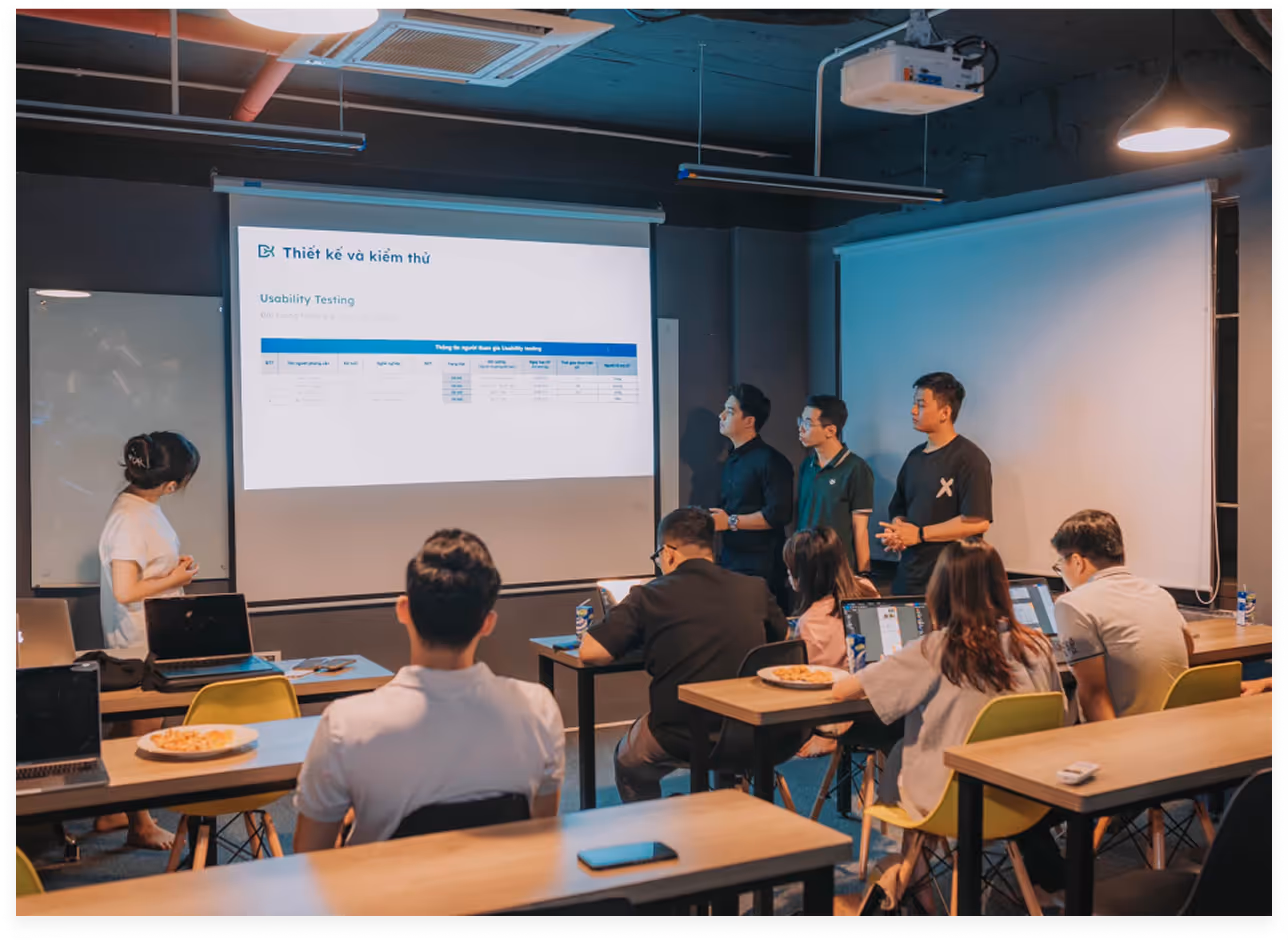 a group of people in a classroom