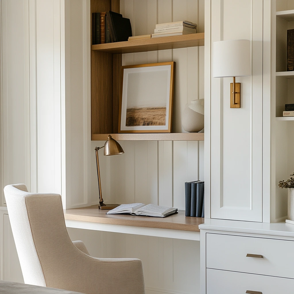 A stylish bathroom vanity designed by an interior designer Indianapolis, featuring a clean and modern aesthetic. The space includes a sleek white countertop with subtle marble accents, complemented by gold-framed mirrors. A glass vase with fresh greenery adds a touch of nature and elegance. This design showcases the refined touch of one of the top interior designers Indianapolis, making it a perfect example of interior design Indianapolis. The minimalistic decor, including a chic soap dispenser and a small storage container, highlights the expertise of Indianapolis interior designers.