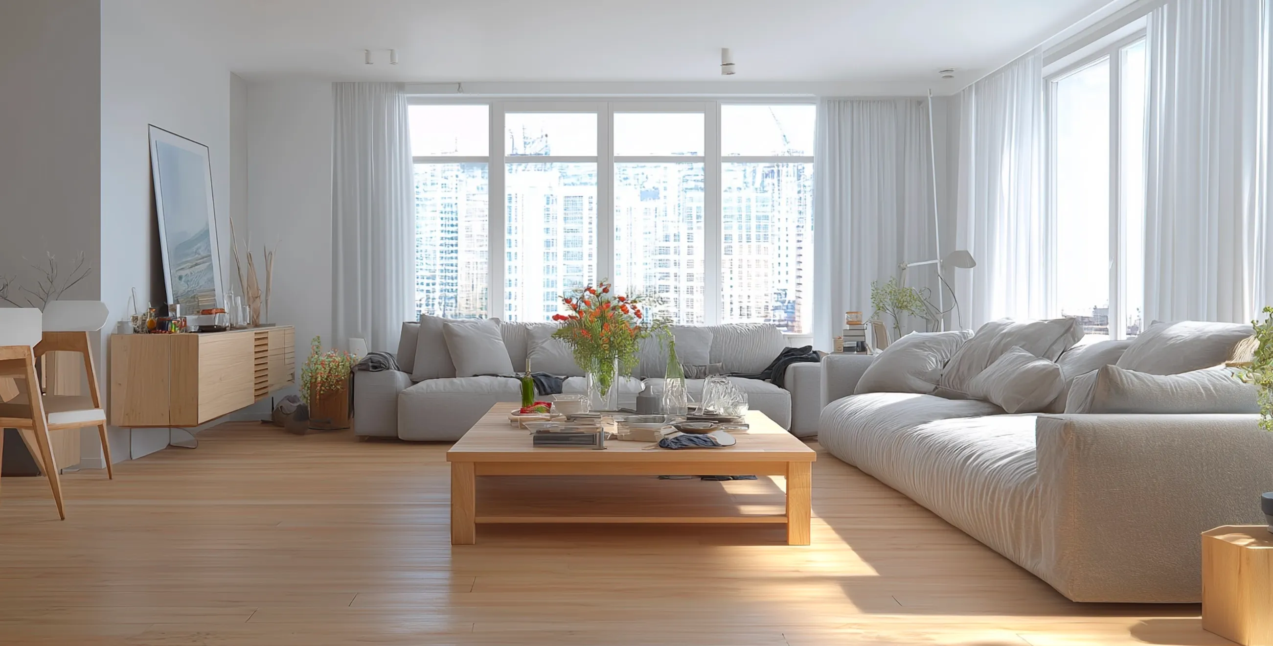Living room after cleaning with tidy furniture, clean floor, and organized decor