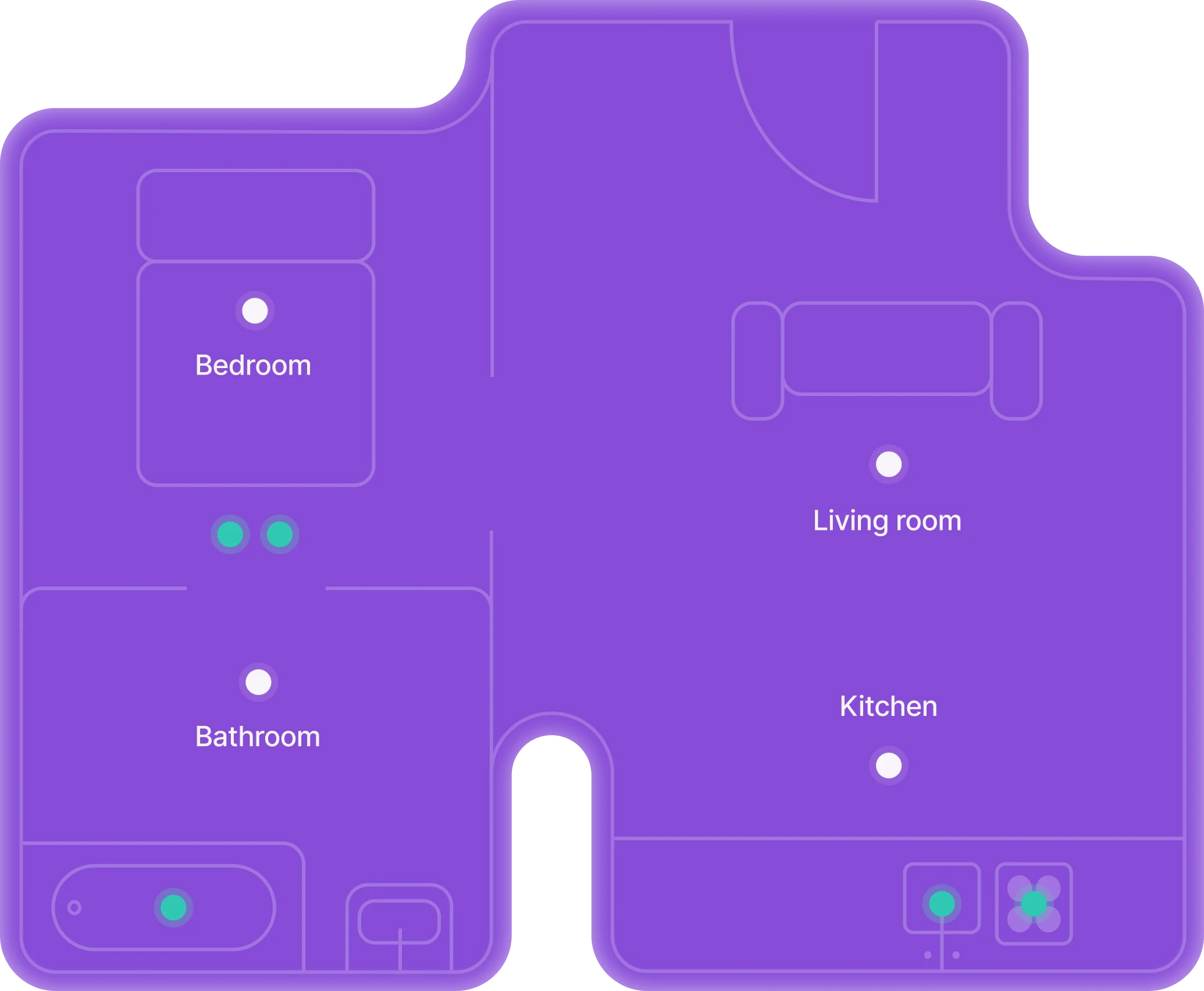 Illustrated floor plan showing bedroom, bathroom, living room, and kitchen with cleaning checklist