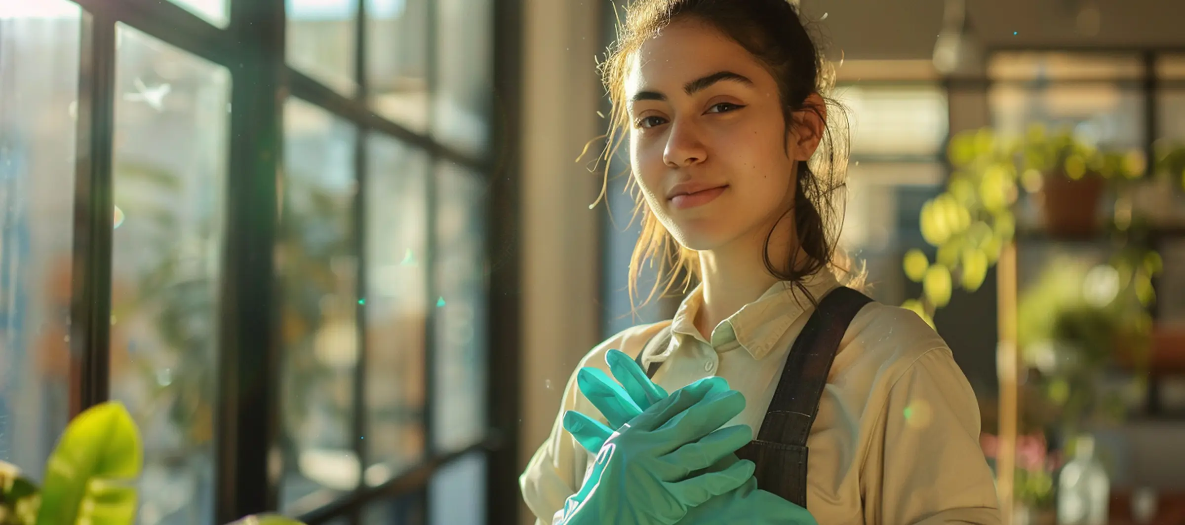 Smiling female cleaner wearing gloves and apron indoors