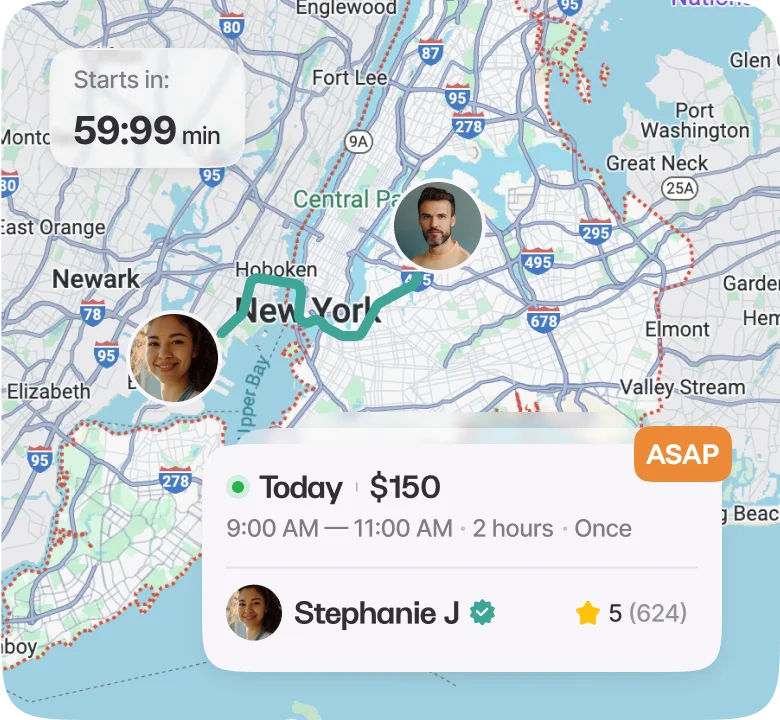 Map interface showing cleaner’s location, route, and booking details for urgent service