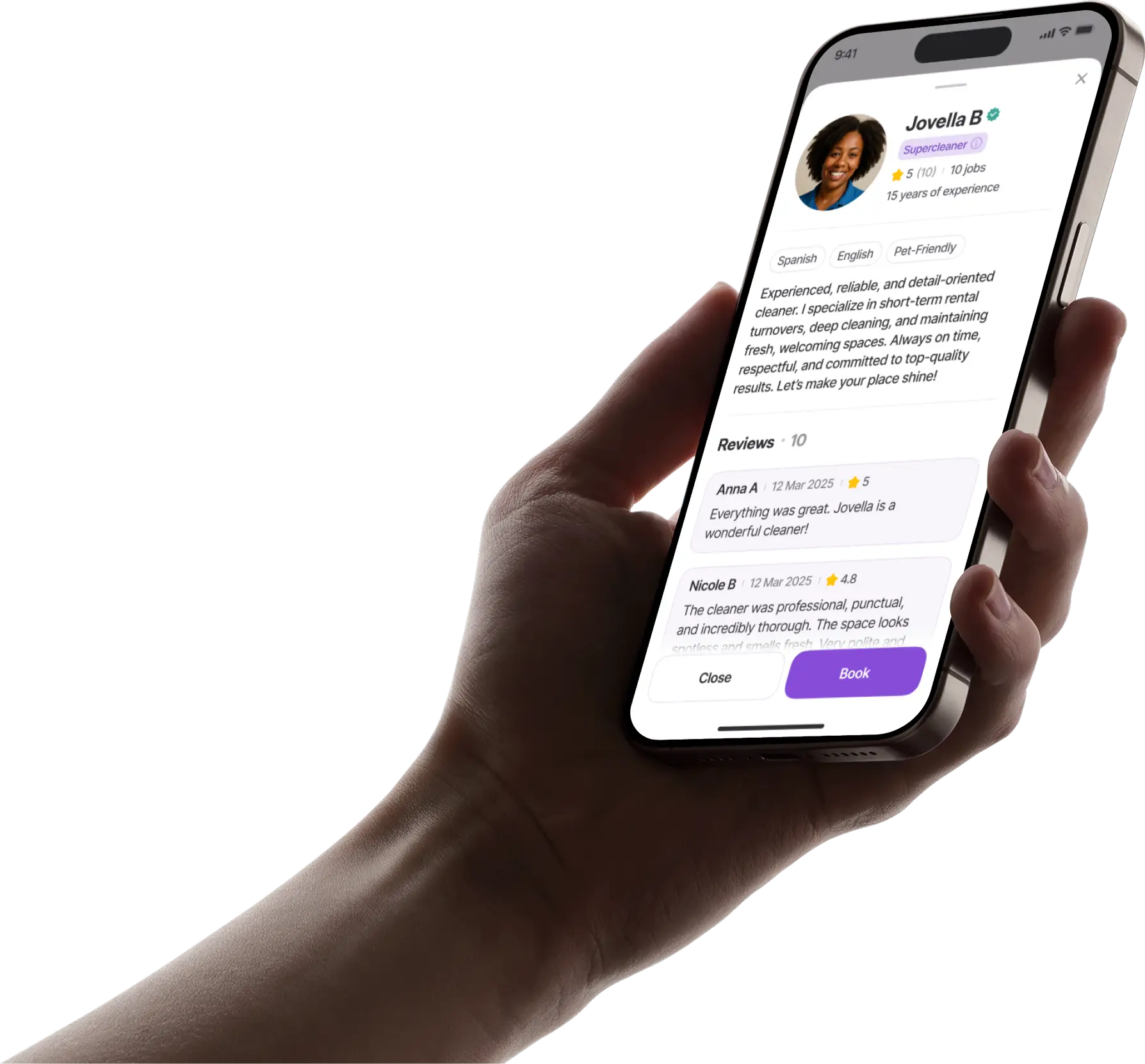 Hand holding smartphone displaying cleaner profile in mobile app