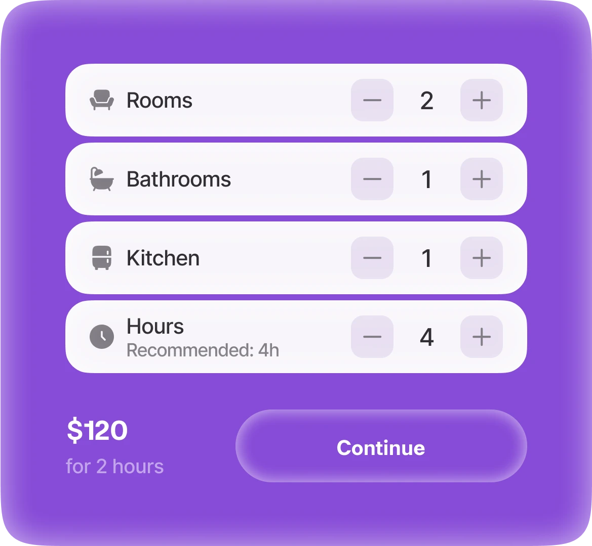 Cleaning service booking interface with room, bathroom, kitchen, and hours selection