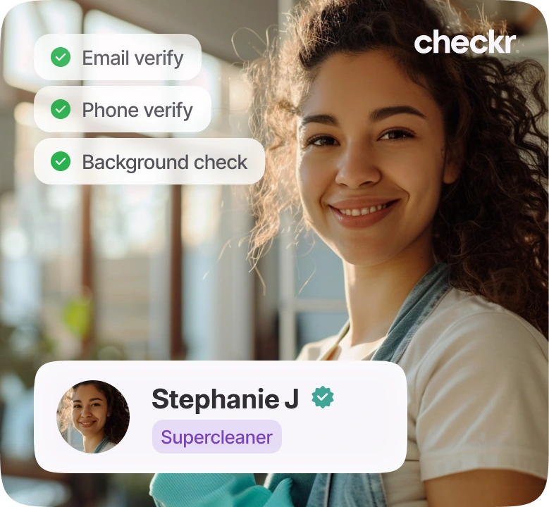 Smiling woman profile with verified badges for email, phone, and background check