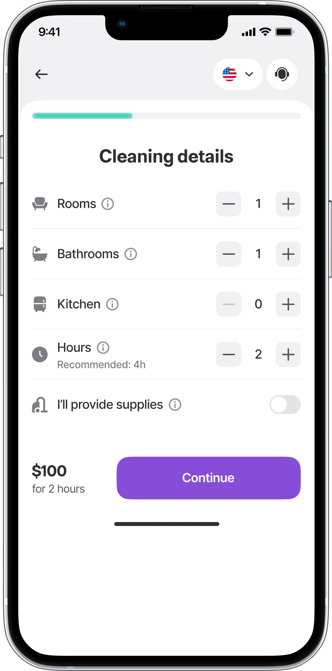 Smartphone screen showing cleaning service booking details interface