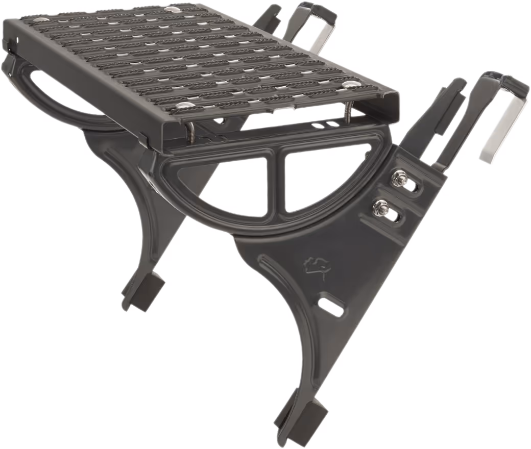 Schwarzes, robustes Metall-Dachtrittgitter mit rutschfester Oberfläche und Montagehalterungen.