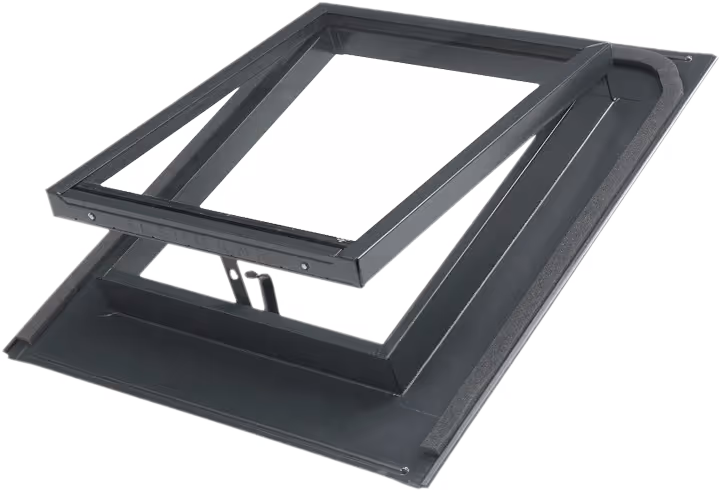Schwarzer Dachfenster-Rahmen mit geöffnetem Kippmechanismus.