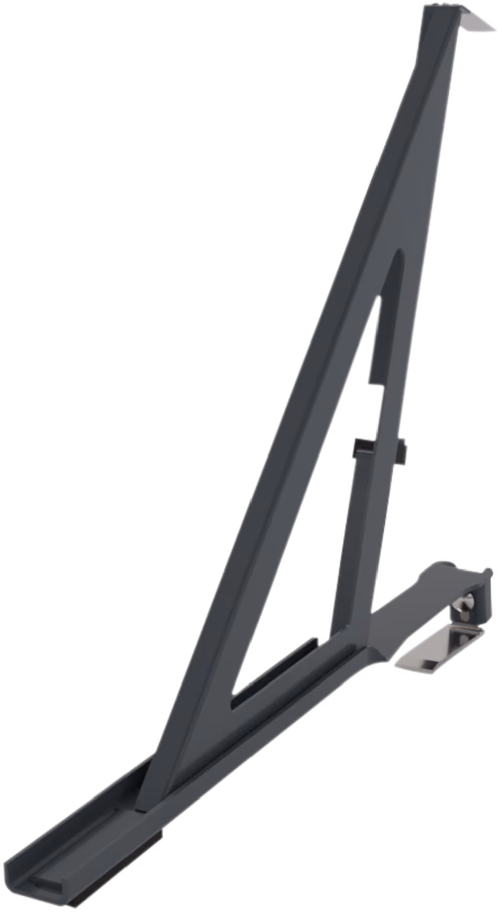 Anthrazitfarbene Schneefangstütze aus Metall in dreieckiger Form mit Halterung.