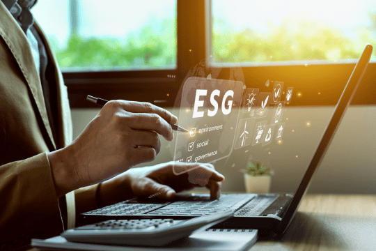 Abbildung eines Menschen vor einem Computer, im Vordergrund die Buchstaben E, S, G
